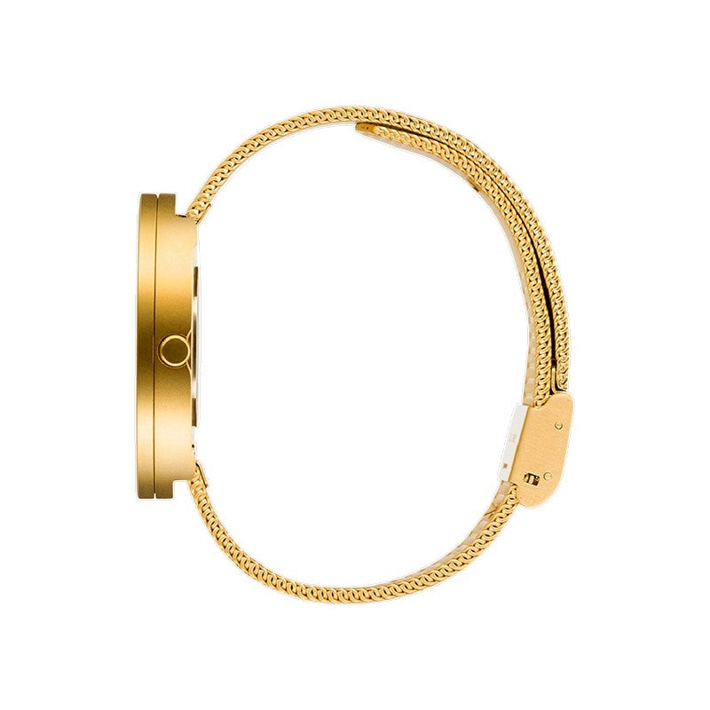 Picto unisex ur med hvid urskive og mat IP guld mesh lænke, set fra siden