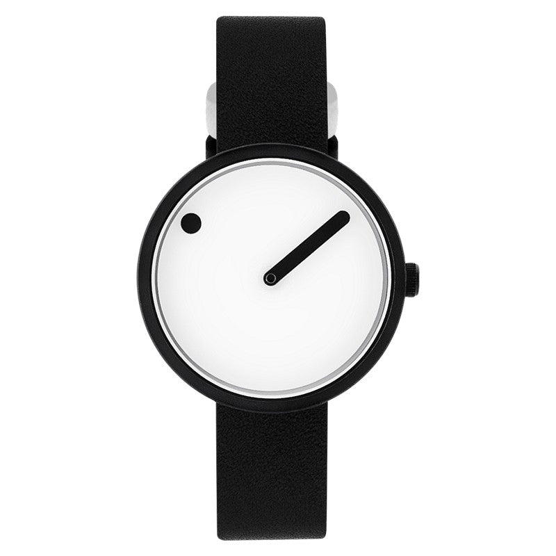 Picto ur med hvid urskive og sort læderrem i rustfrit stål – minimalistisk design på 34 mm