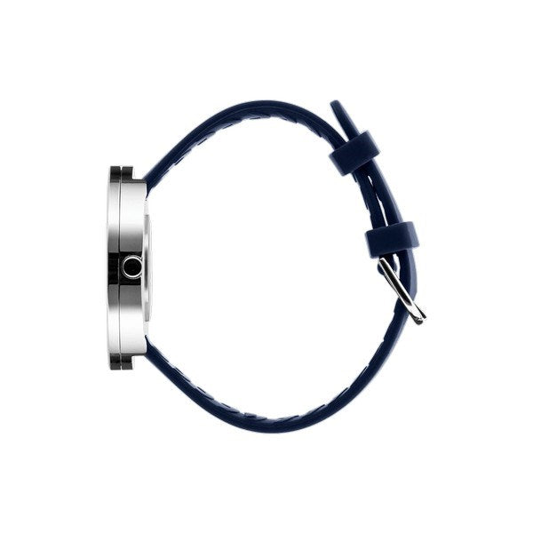Picto unisex ur med navy blå skive og midnight blue silikone rem, liggende på flade