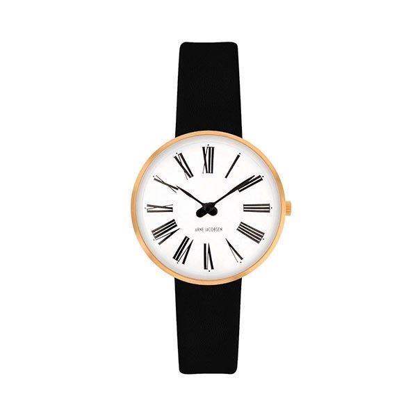 Arne Jacobsen Roman armbåndsur i forgyldt stål med hvid skive Ø30 mm og sort læderrem