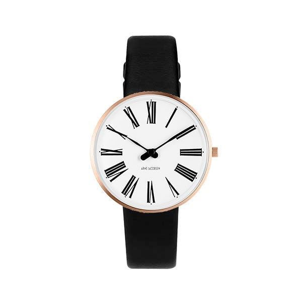 Arne Jacobsen Roman ur med hvid skive, sort rem og rosaforgyldt sølvkasse på Ø40 mm