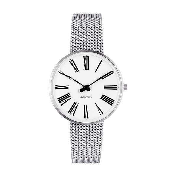 Arne Jacobsen Roman ur i børstet stål med hvid skive og stål mesh-lænke, Ø34 mm