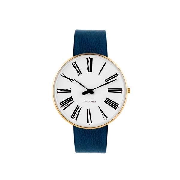 Arne Jacobsen Roman ur med hvid skive, IPG-forgyldt topring og navyblå rem – Ø40 mm