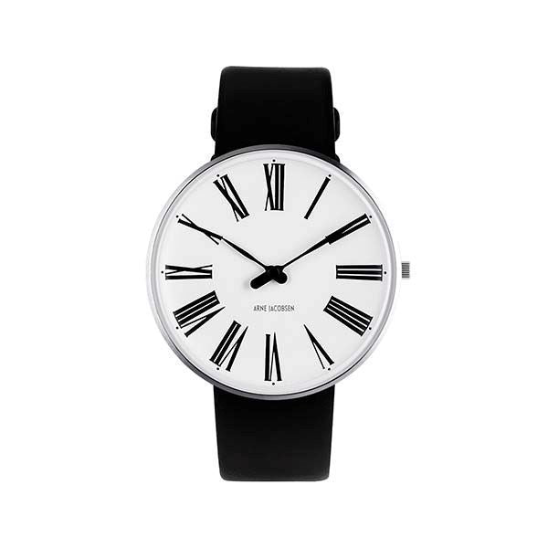 Arne Jacobsen Roman ur i stål med hvid skive og sort rem – klassisk dansk design, Ø40 mm