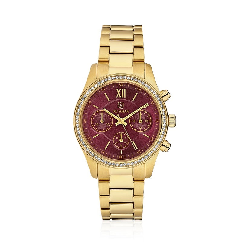 Sif Jakobs Jewellery Domenica dameur i forgyldt stål med bordeaux sunray urskive