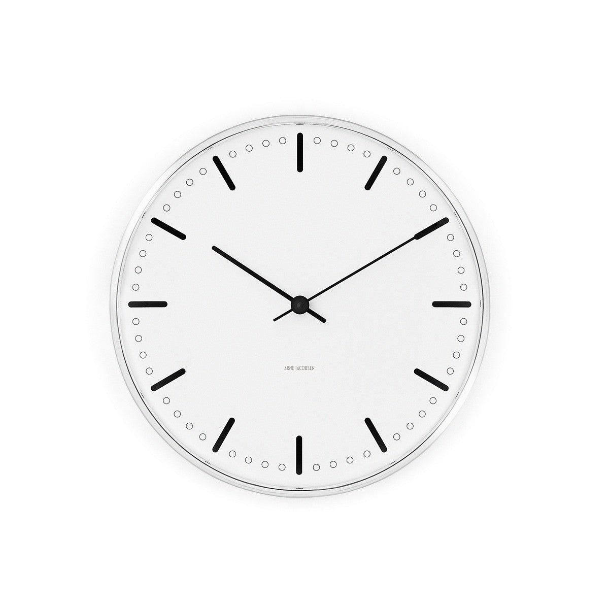 Arne Jacobsen City Hall vægur med hvid skive og minimalistisk dansk design fra 1956