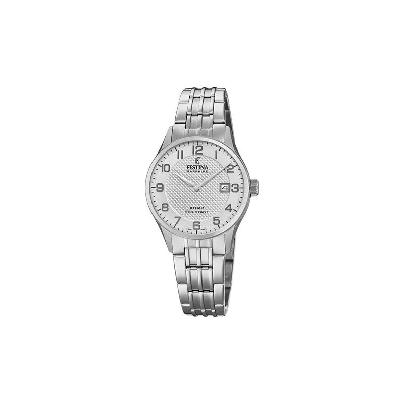 Festina dameur i stål med safirglas og sølvfarvet urskive, Swiss Made, Ø29 mm