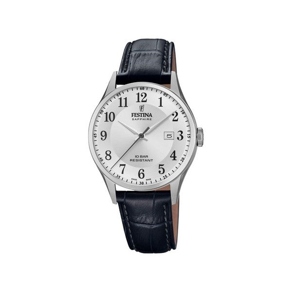 Festina herreur i rustfrit stål med hvid skive og sort krokolæderrem, Swiss Made, Ø 40 mm