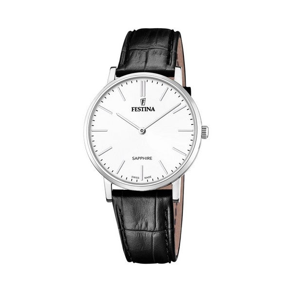 Festina herreur i rustfrit stål med hvid skive og sort croco-præget læderrem – Swiss Made, 39,3 mm