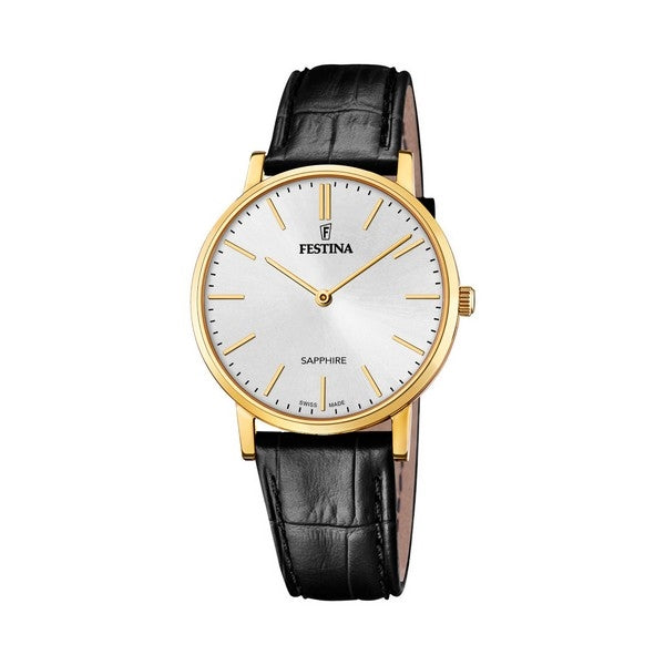 Festina herreur i gulddouble med hvid urskive og sort præget crocolæderrem, Swiss Made