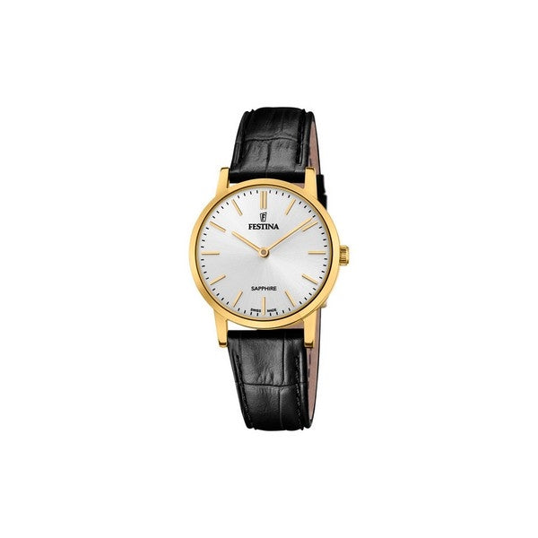 Festina dameur i gulddouble med præget læderstrop og hvid skive – Swiss Made, 29,3 mm