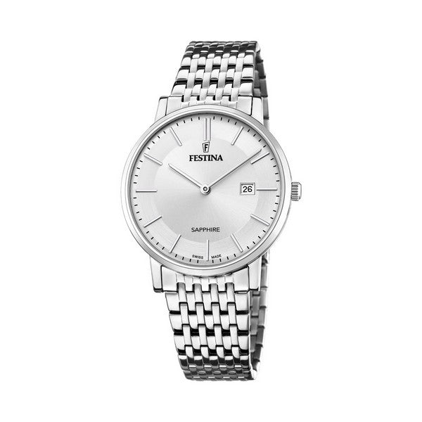 Festina herreur i rustfrit stål med hvid skive, datovisning og stållænke – 39,3 mm