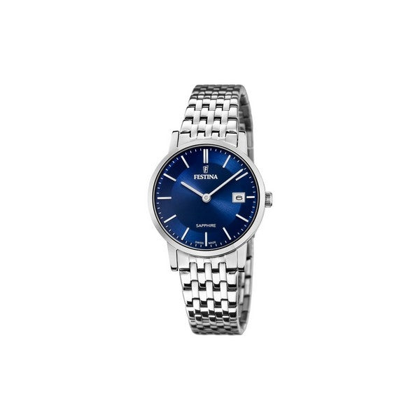 Festina SWISS MADE dameur i rustfrit stål med blå skive og stållænke, Ø 29,3 mm