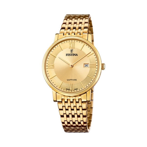 Festina herreur i rustfrit stål med gulddouble finish og gylden urskive – Swiss Made, Ø 39,3 mm