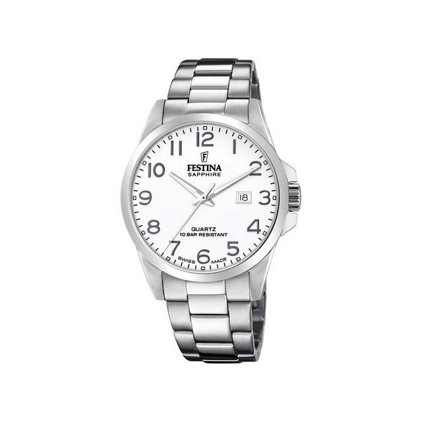 Festina herreur i rustfrit stål med hvid urskive, Swiss Made kvartsværk og stållænke, Ø 41 mm
