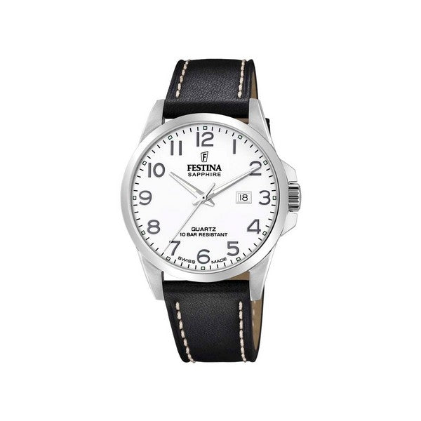 Festina herreur i stål med hvid urskive og sort læderstrop – Swiss Made, 41 mm