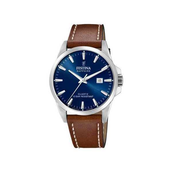Festina herreur i stål med blå urskive, datovisning og brun læderrem – Swiss Made, Ø 41 mm