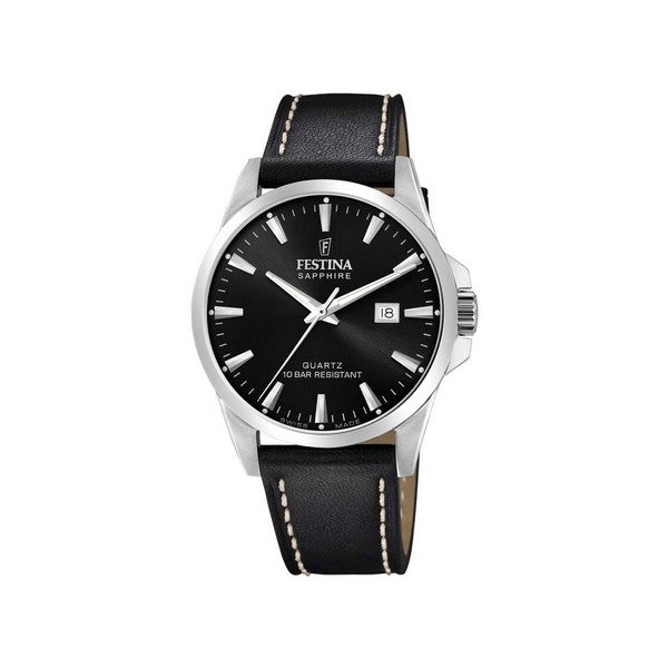 Festina herreur i stål med sort skive og sort læderstrop, Swiss Made, 41 mm