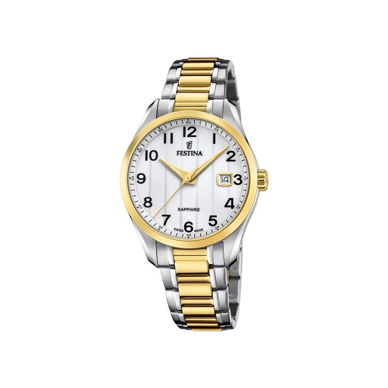 Festina herreur i bicolor med guld- og sølvtoner, hvid urskive og safirglas – Swiss Made, Ø38