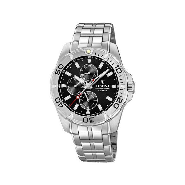 Festina Multifunction herreur i stål med sort skive, dag-dato og 24-timers visning, Ø 43 mm
