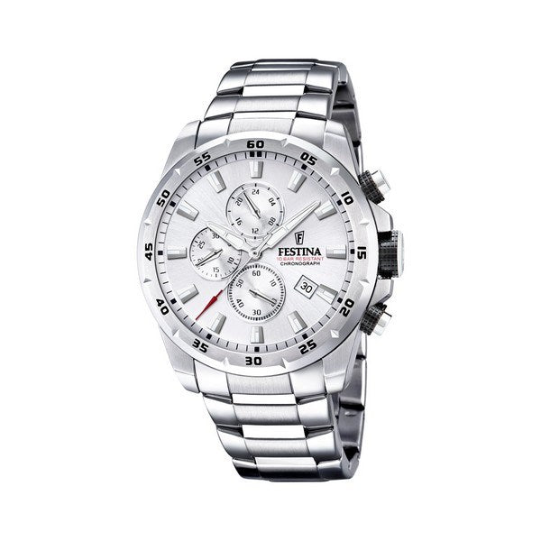 Festina Chrono Sport herreur i stål med hvid skive og tre kronografer