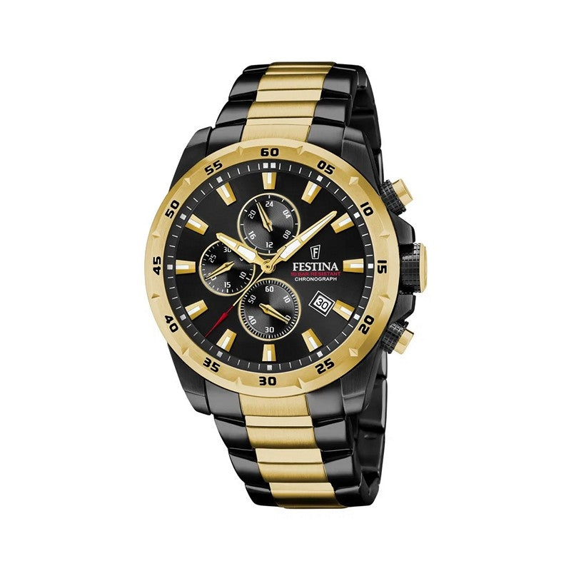 Festina herreur i bicolor sort og guld med chronograf og 45 mm diameter