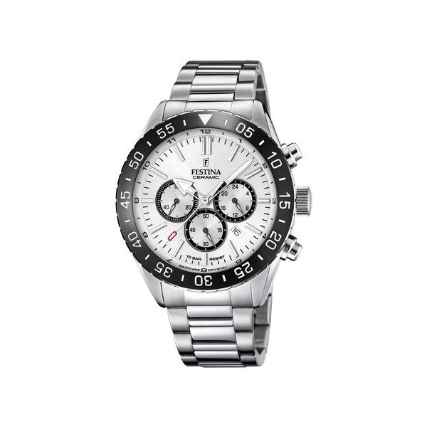 Festina herreur Chrono Ceramic i stål med hvid urskive og sort keramisk lynette, Ø44mm