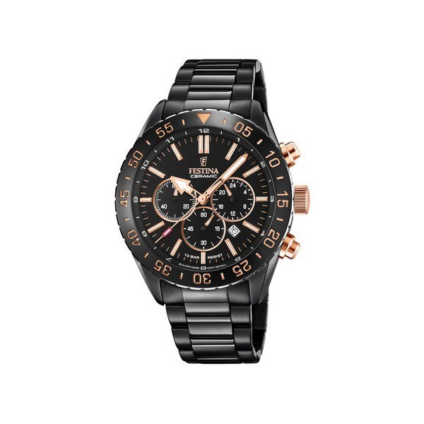 Festina herreur Chrono Ceramic i sort stål med sort urskive, keramisk lynette og chronografer – Ø44mm