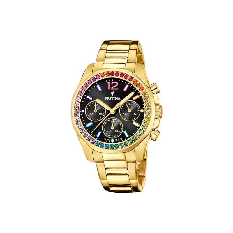 Festina Rainbow dameur i gulddublé med sort skive og farvede zirkonia-sten i regnbuens farver