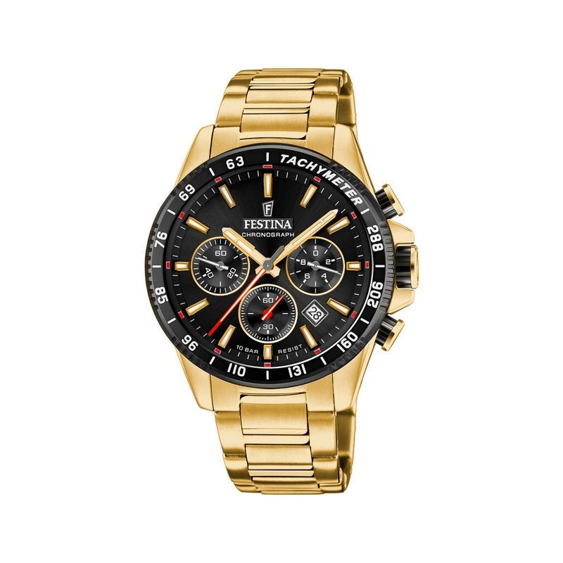 Festina Timeless Chrono herreur i gulddublé stål med sort skive og kronografer