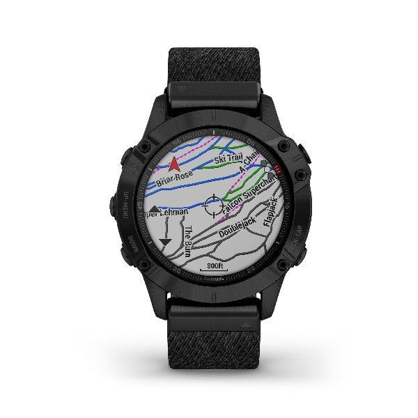 Garmin fenix 6 Pro GPS-sportsur med safirkrystalglas og sort nylonrem, set fra siden
