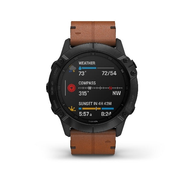 Garmin fenix 6X Pro smartwatch i sort DLC med chestnut-brun læderrem og safirkrystal, set fra siden