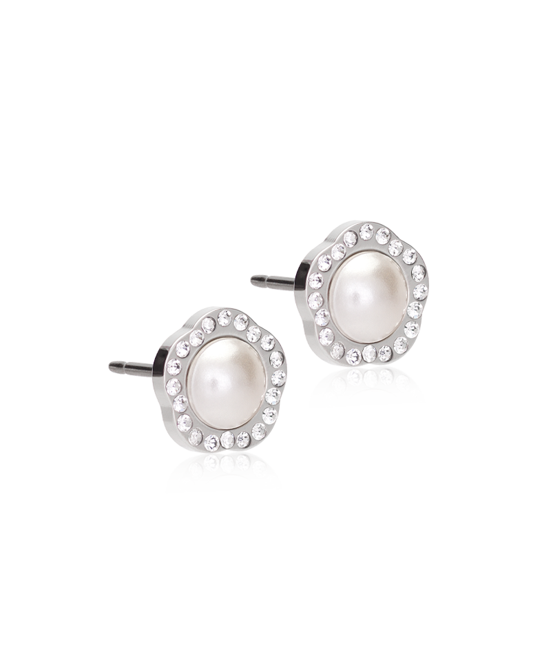 Blomdahl Brilliance sølvfarvet titanium perleøreringe med hvid perle og krystaller, 8 mm