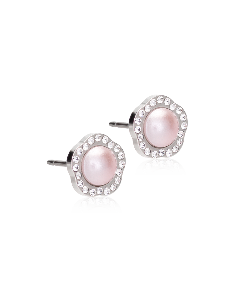Blomdahl Brilliance sølvfarvet titanium perleøreringe med lyserød perle og krystaller, 8 mm