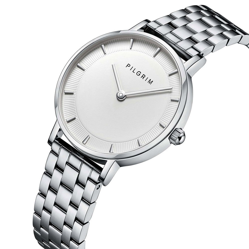 Pilgrim rundt stålur set i vinkel med slank 30 mm kasse