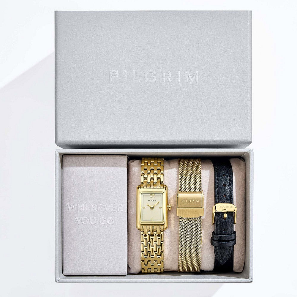 Pilgrim gavesæt med rektangulært guldfarvet ur og armbånd i æske