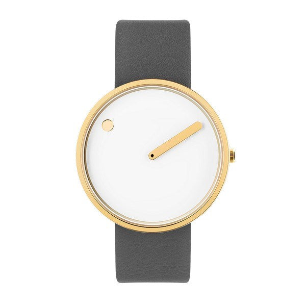 Picto unisex ur med hvid roterende urskive, grå læderrem og gulddublé detaljer – 40 mm
