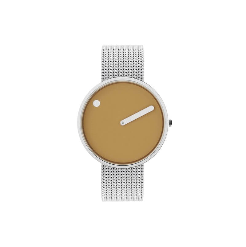 Picto unisex ur med mustard yellow urskive og stål mesh lænke, 40 mm