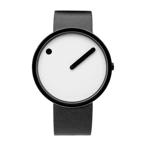 Picto unisex ur med hvid roterende skive, sort læderrem og urkasse i sort rustfrit stål – 40 mm