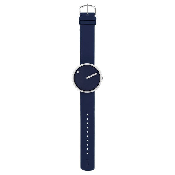 Picto unisex ur med navy blå skive og midnight blue silikone rem, set fra oven