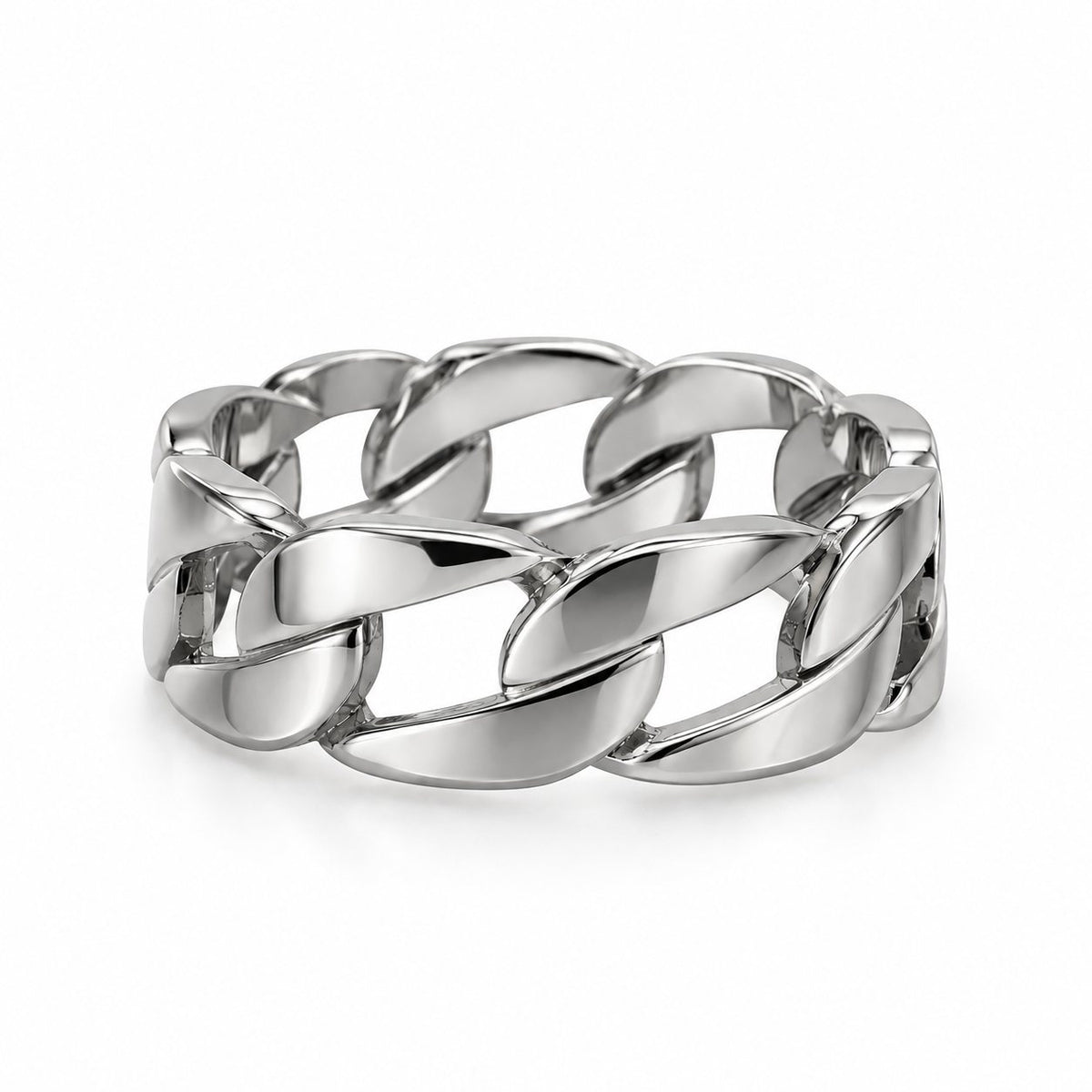Rico's panser ring i 8 mm rustfrit stål med flade, polerede led på hvid baggrund