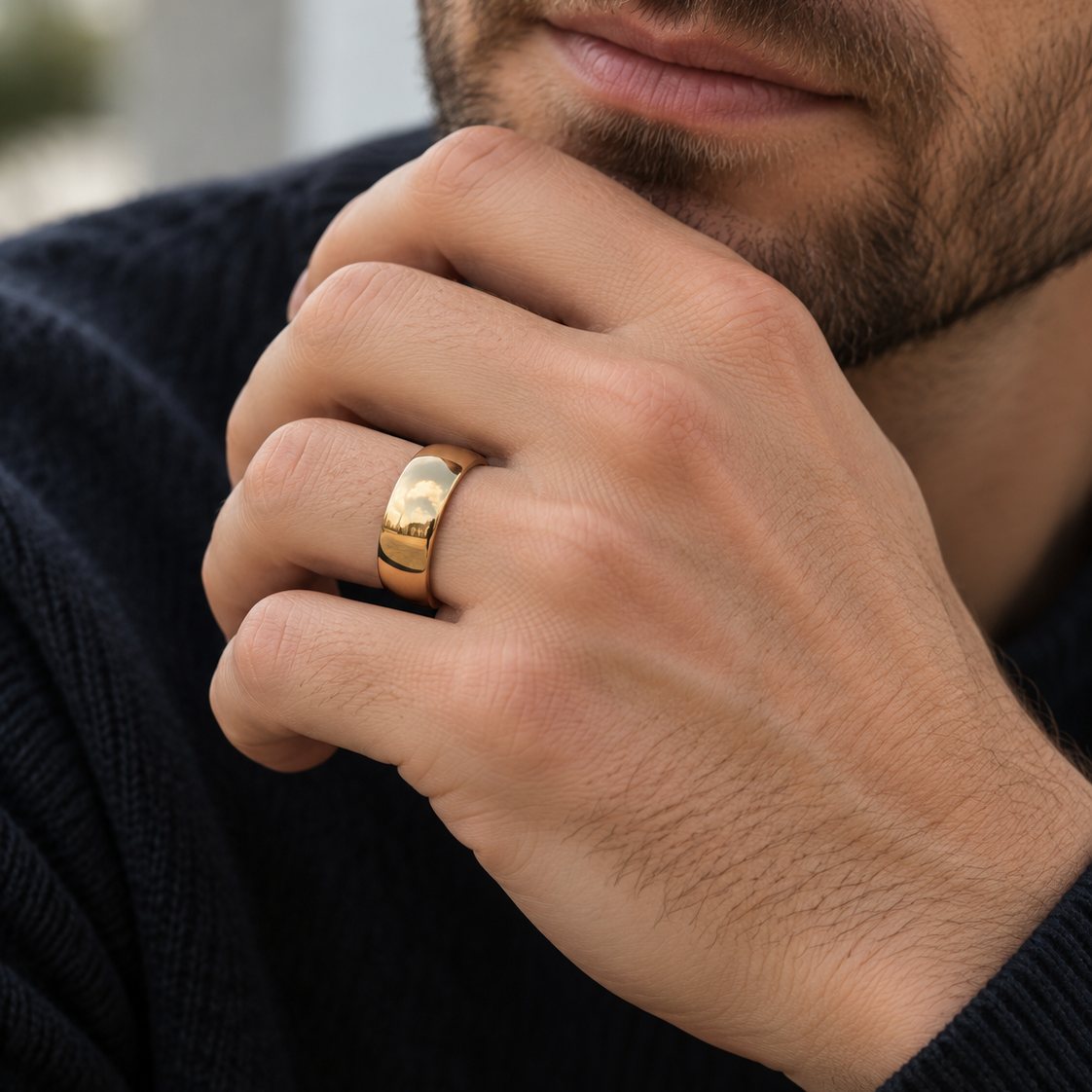 Mand med Rico's forgyldte glatte ring på ringfingeren og hånden ved hagen