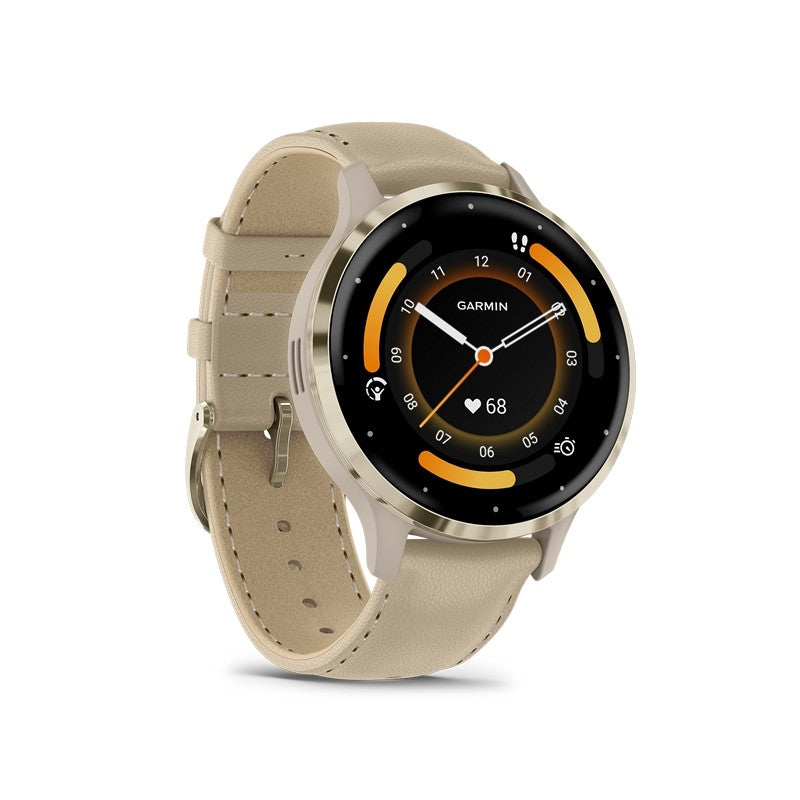 Garmin Venu 3S smartwatch med soft gold urkrans i stål og French Grey rem til damer