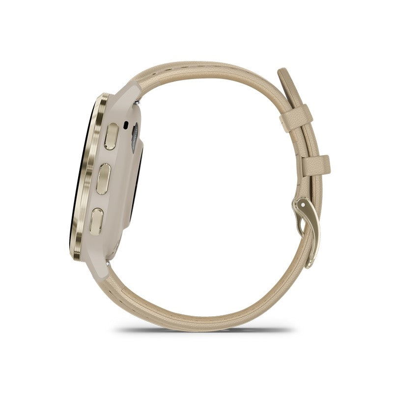 Garmin Venu 3S smartwatch i soft gold stål med French Grey rem – liggende på flade